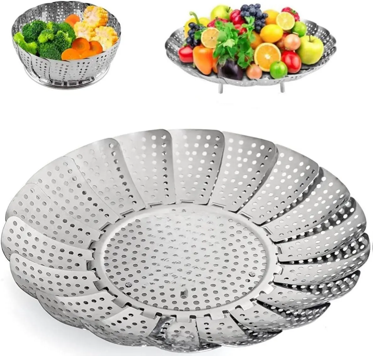Premium Stainless Steel Kitchen Steamer Basket - Collapsible, Holed Mesh, Variable Size, Detachable Legs, 2.4" Handle for Easy Lift, Dishwasher Safe, Stainless Steel Resists Wear, Fits Various Pots (Fruit Basket Use)