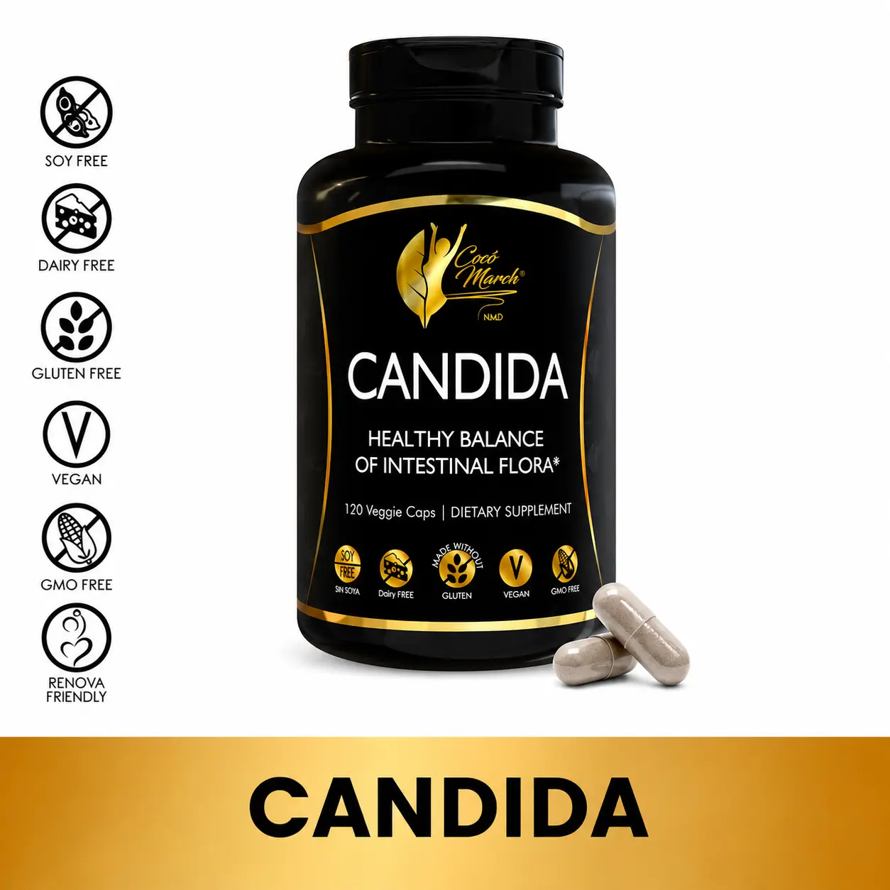 Cocó March N.M.D Candida Cleansing Herbs & Enzymes Supplement - 30-Day Supply, 120 Capsules, Free of Gluten, Vegan, GMOs, Dairy and Soy
