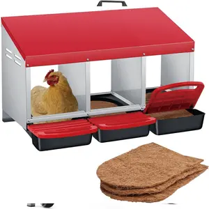 Garvee Chicken Nesting Boxes, Metal Rollaway Chicken Nest Box with Rollout Egg Collection, Removable Tray & Nesting Pads, Egg Laying Box for Chicken Coop Hens, Wall Mount or Standing, 3 Compartments, Red