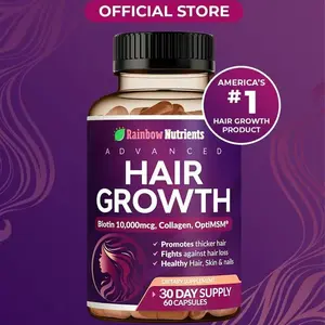 Rainbow Nutrients 24-in-1 Advanced Hair Growth Vitamins for Healthcare & Fitness - 10000mcg Biotin, Collagen, OptiMSM, goMCT, Saw Palmetto - 60-Day Supply