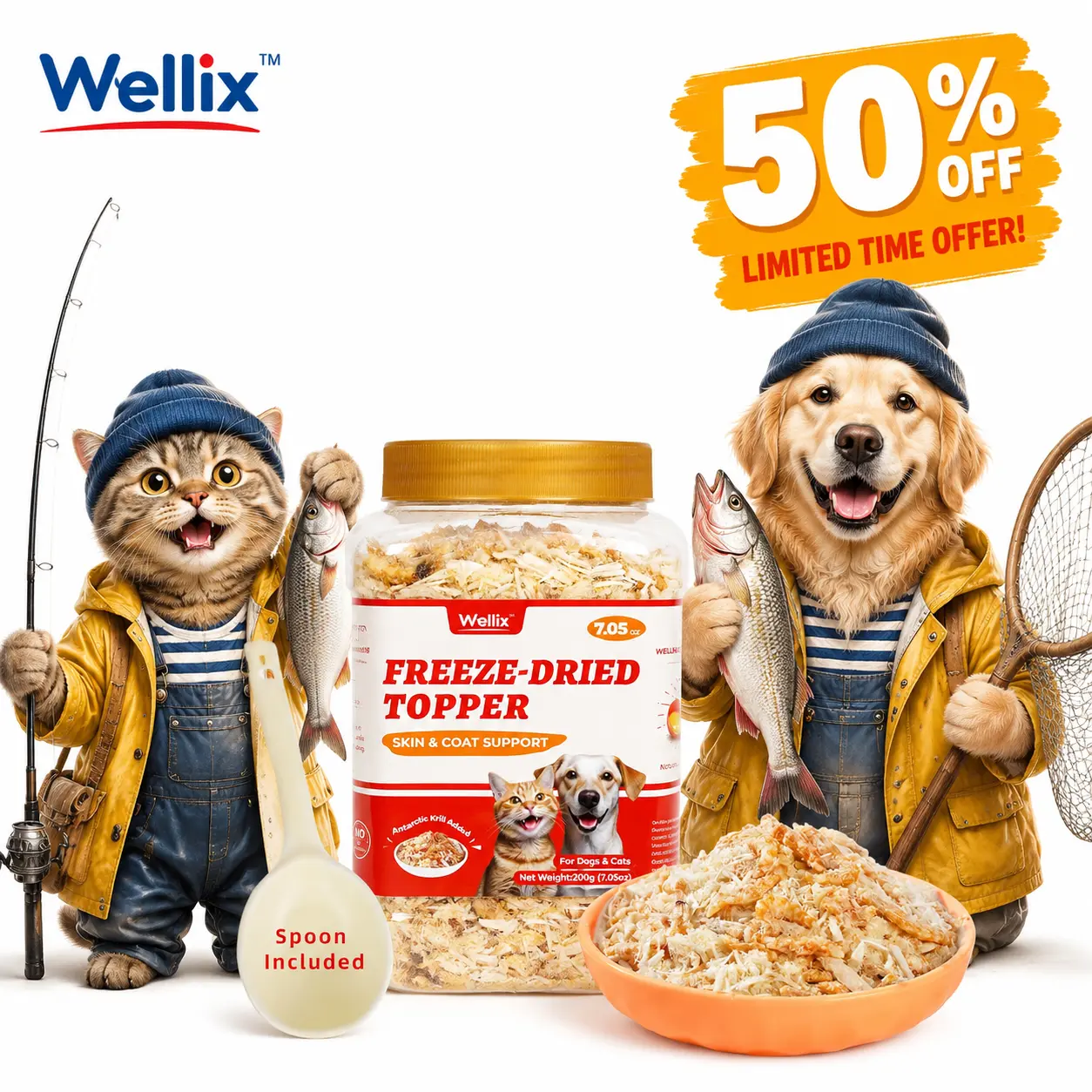 Wellix 7.05OZ Freeze Dried Pet Food Topper for Dogs & Cats, Only 3 Ingredients Chicken, Egg Yolk & Krill, High Protein Skin & Coat Supplement, Perfect Training Treat,