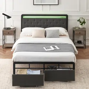 【Christmas Gift】137 Queen Bed Frame with 2 Storage Drawers LED Lights Upholstered Platform Bed with Heavy Duty Metal Slats No Box Spring Needed Noise Free Easy Assembly Grey