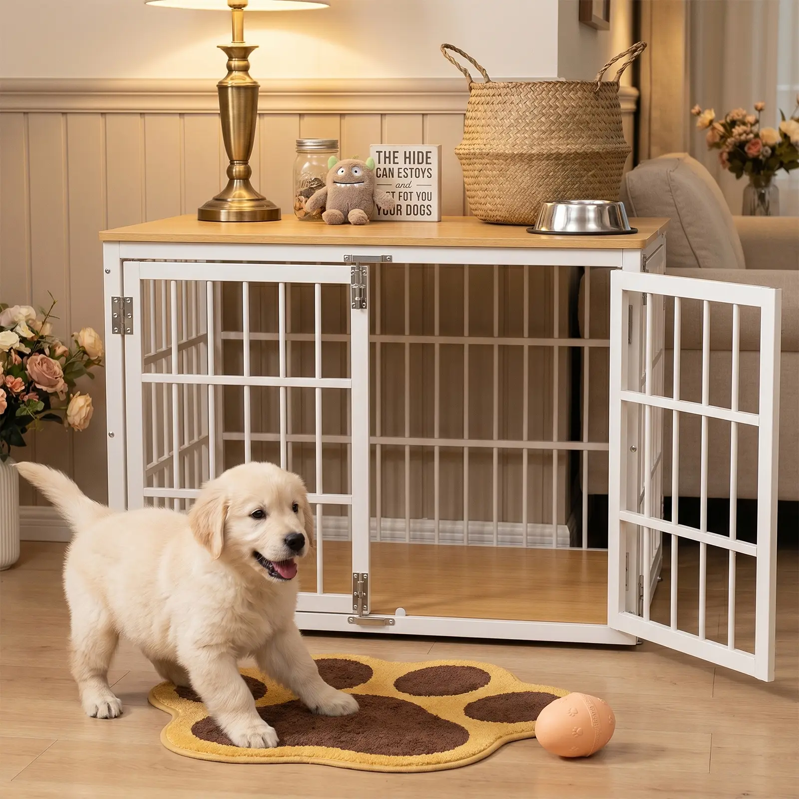 Furniture-Style Dog Crate End Table, Heavy-Duty Full Metal Bar Kennel with Reversible Side Door, Double Top & Bottom Latch Locks, Thick Wood Surface Indoor Pet Cage for Small-Medium Dogs