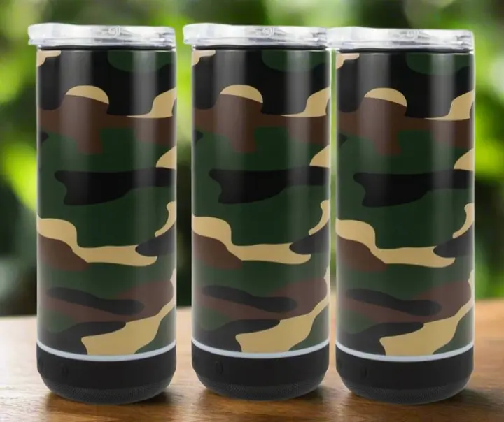 Camo 4 in 1 Speaker Can Coolie - Modern Drinkware with Bluetooth Speaker, Insulated, Heat Resistant, 12 oz Bottles, Skinny Cans, 14 oz Tumbler, Tailgating, Camping, On-the-Go Use Portable Coolie Cup