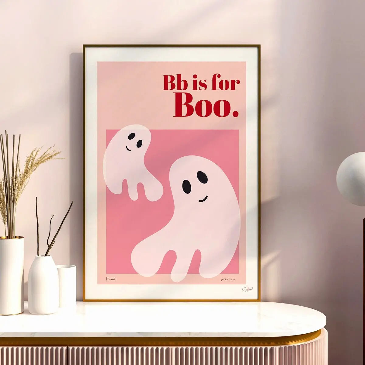Pink Ghost Art Poster- Playful Halloween Wall Decor - Cute Halloween Poster - Children's Halloween Decor - Kawaii Halloween - Pink Halloween