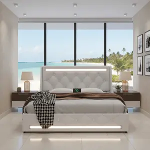 Queen Size Platform Bed Frame with LED Lights, Upholstered Bed Frame with Charging Station and Diamond Headboard, Wooden Slats, Easy Assembly, No Box Spring Needed, Noise Free, White