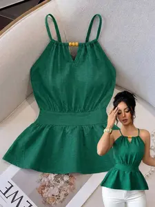 Summer Women's Woven Casual Sexy Elegant Halter Tie Drawstring Beaded Back Waist Design Peplum Tank Top, Stylish Strapless Blouse