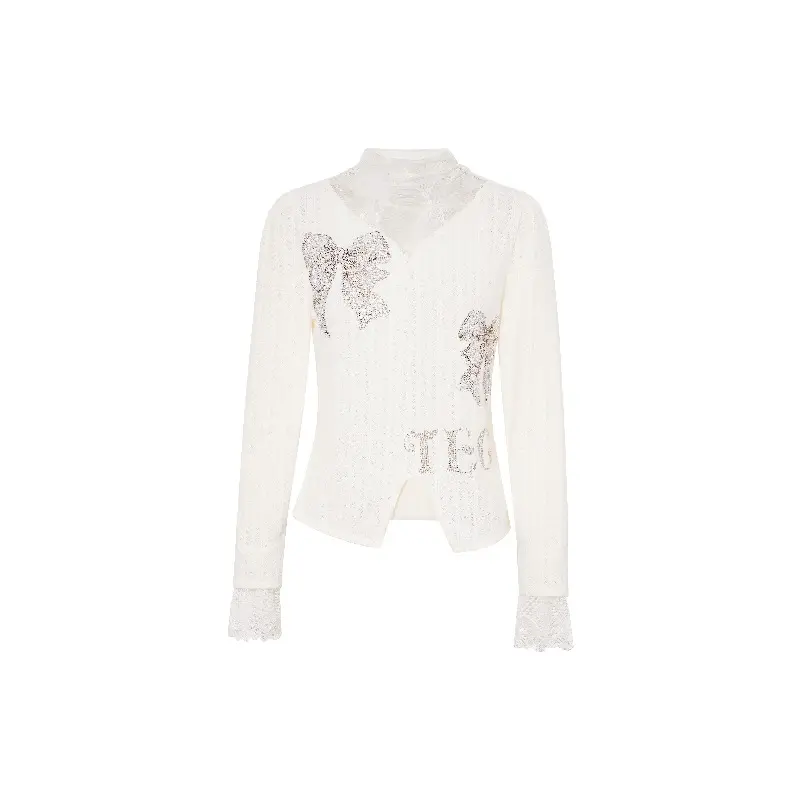 TCH - Beige, Shirt, Bow Tie, Rhinestone , Women