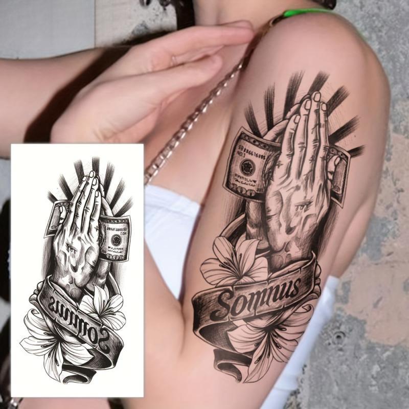 Realistic Temporary Paper Tattoos - 6 Waterproof Stickers, 2 "Prayer Money" Lily Designs, 4 Random Full Arm Retro Styles, Easy Application & Removal, Normal Oblong Single Item Beauty & Personal Care Makeup Tattoos