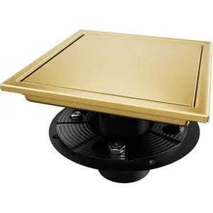 Square Shower Drain, Gold Shower Drain 6 inch with Flange and 2 in 1 Tile-Insert Cover, AISI 304 Stainless Steel Gold Shower Floor Drain with Hair Catcher and Flange