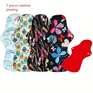 5pcs of Random Printing Can Be Reused Menstrual Pads, Suitable for Large-Flow Sanitary Napkin Sets with Wings, Women Can Wash Overnight Crotch Pads, Period Care, Reusable Sanitary Pads, Stylish Protection, Printed Design, Soft Material, Hig