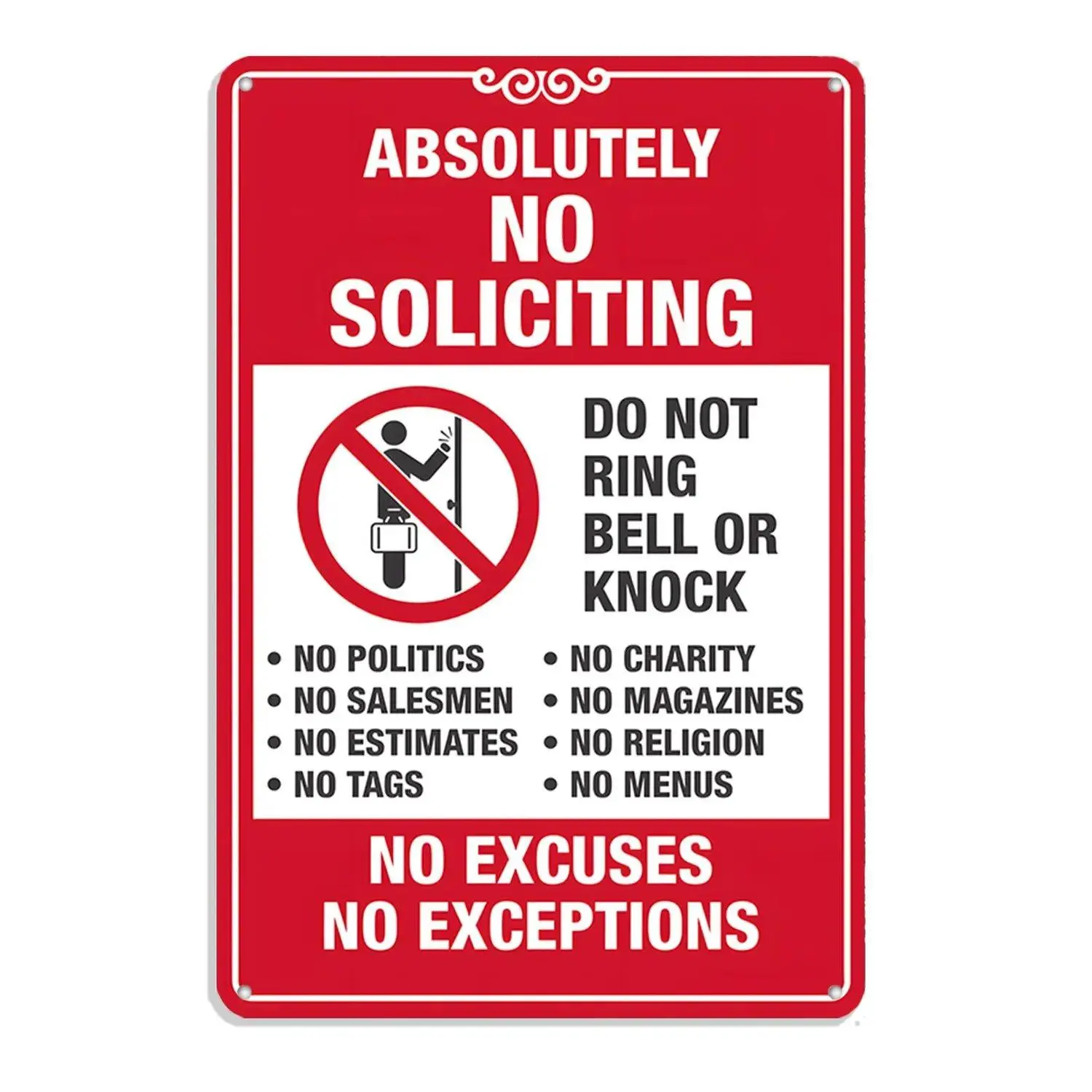 Prints Absolutely No Soliciting 12x8 Inch Aluminum Metal Deter Unwanted Visitors Home House Front Door Business Easy Hanging Decorative Vintage Style Iron Sheet Painting Sign Artwork