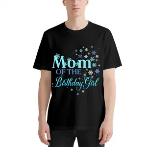Women's Birthday Mom T-Shirt, 100% Cotton Winter Snowflake And Birthday Slogan Printed Top, Multiple Sizes in Black And Blue, Casual Festive Wear for Kids' Birthday Parties