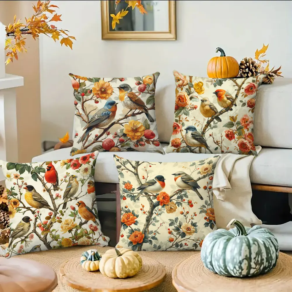 4PCS Retro Animals & Floral Decorative Polyester Cushion Covers, 18×18 in Soft Machine-Washable Throw Pillow Covers