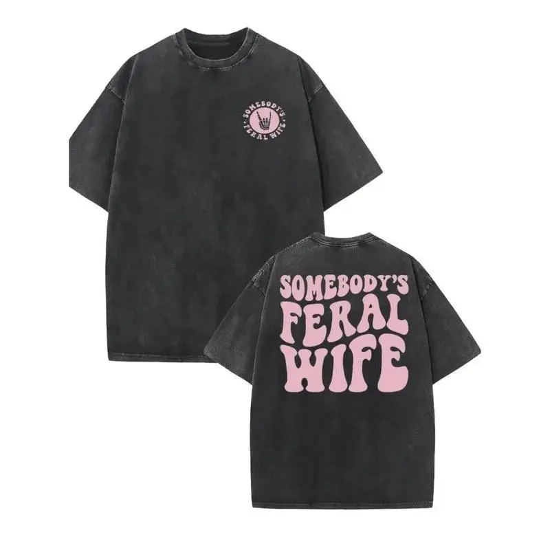 Retro Washed Cotton T-Shirt, "Somebody's Feral Wife" Pattern Printed On Both Sides, Casual Round Neck, Short Sleeves, Adult Summer Coat -100% Cotton Knitted Fabric. classic  rock  tee moon  rocks macco