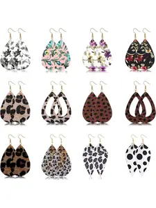 12-20pairs Faux Leather Earrings for Women Floral Leopard Teardrop Earrings Lightweight Drop Dangle Earring Aesthetic Jewelry Gift