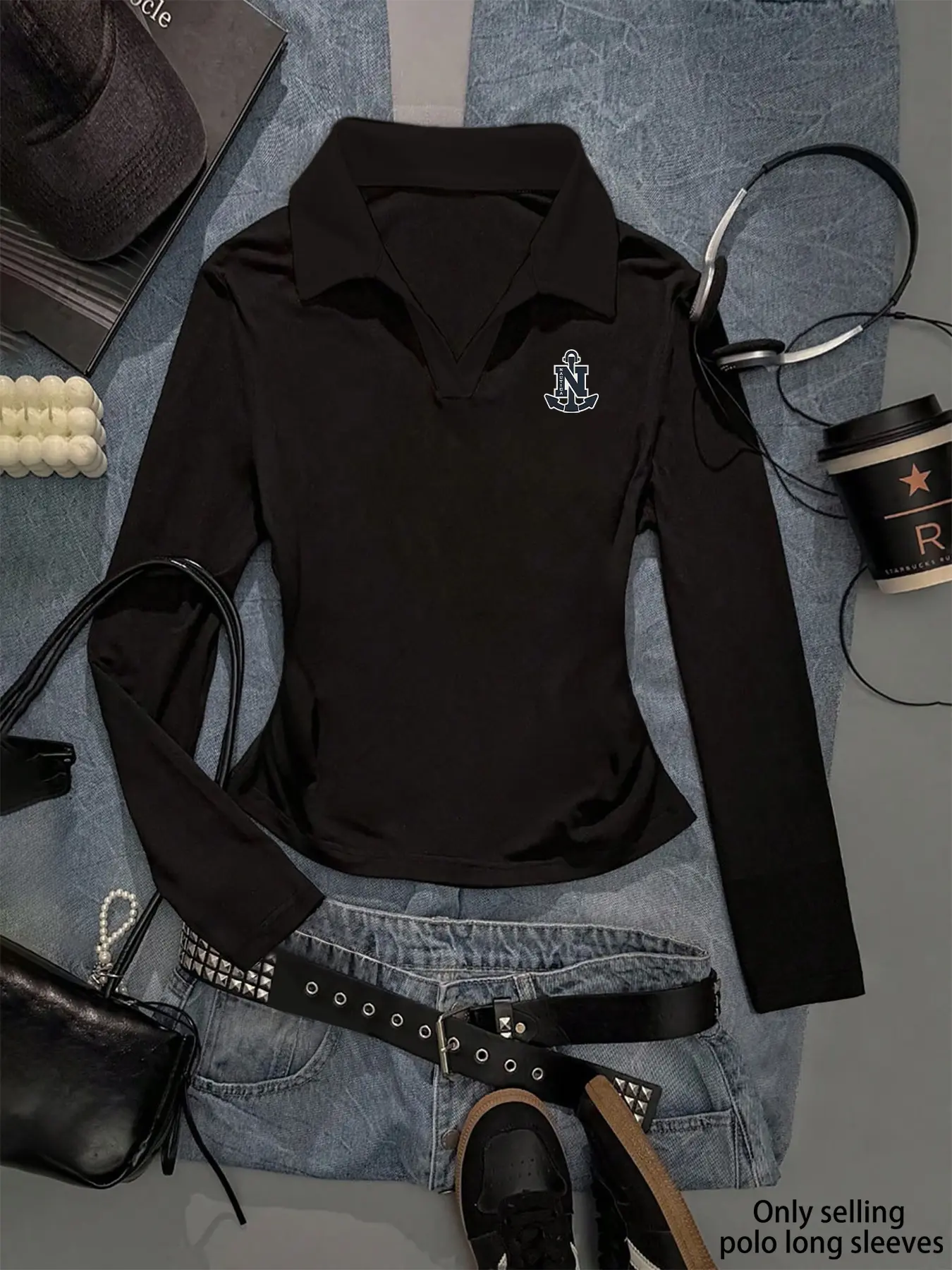Gothic Style Women's Polo Neck Long Sleeve Slim Fit Top, Printed Polo Tops, Geometric Print, Y2K Fashion, Fall & Winter Casual Wear