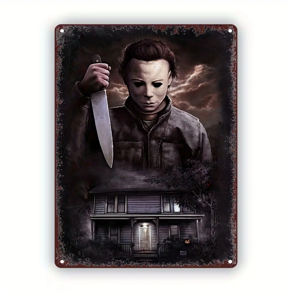 Michael Myers Classic Halloween Rectangular Iron Sign - 8x12 in, Horror Decor Plaque with Iconic Mask, Knife for Creepy Room Home Accents