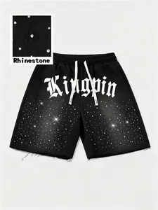 Unisex Summer Casual Drawstring Shorts, Rhinestone & Letter Print, Loose-Fit H-Type, Fashionable Daily Wear, Comfortable Sportswear, Running Athletic Shorts
