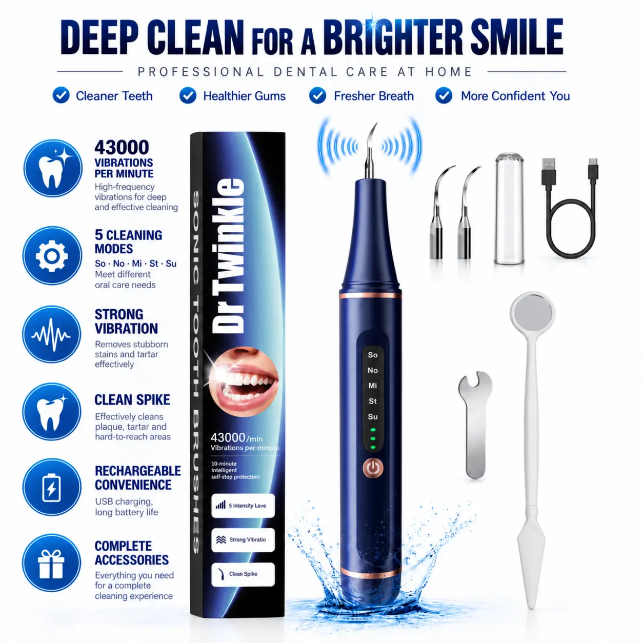 Dr Twinkle Electric Tooth Cleaner with LED Light, 5 Cleaning Modes Rechargeable Dental Care Kit, 2 Replaceable Heads for Daily Oral Cleaning