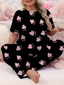 【Plus Size】 Two-piece Set Heart / Skull Print Tee & Elastic Waist Pants Pyjama Set, Casual Comfy Round Neck Short Sleeve T-shirt & Trousers PJ Set, Women's Sleepwear for Summer Loungewear