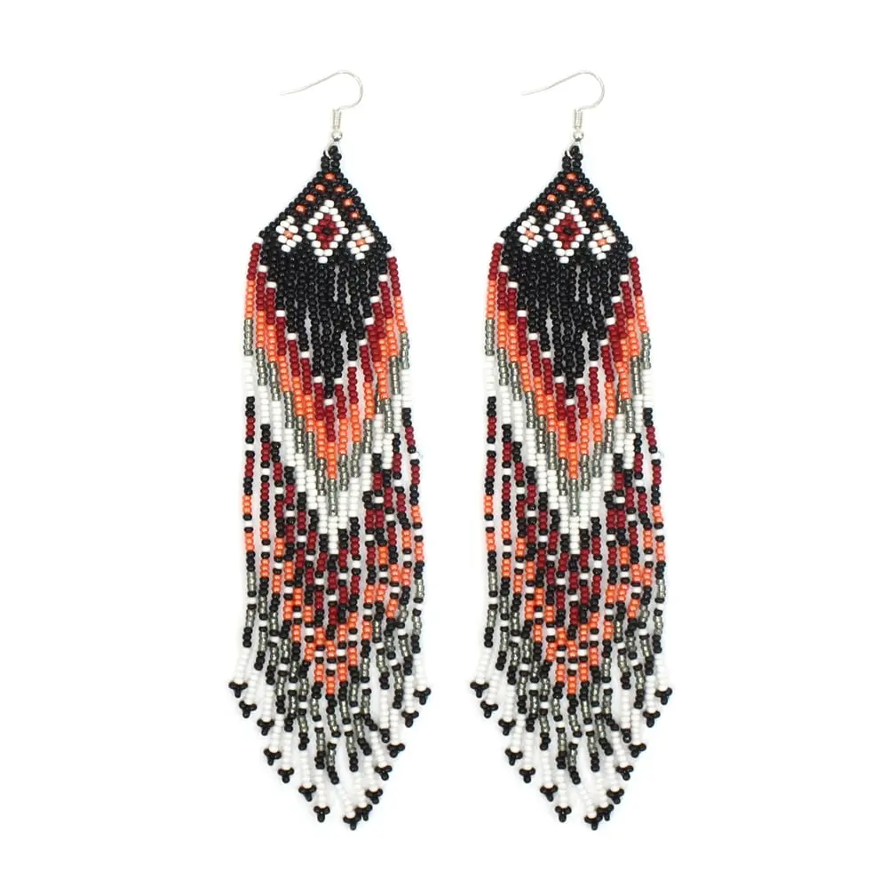 Handmade Beaded Native Style Black Red Peach Long Hook Earrings