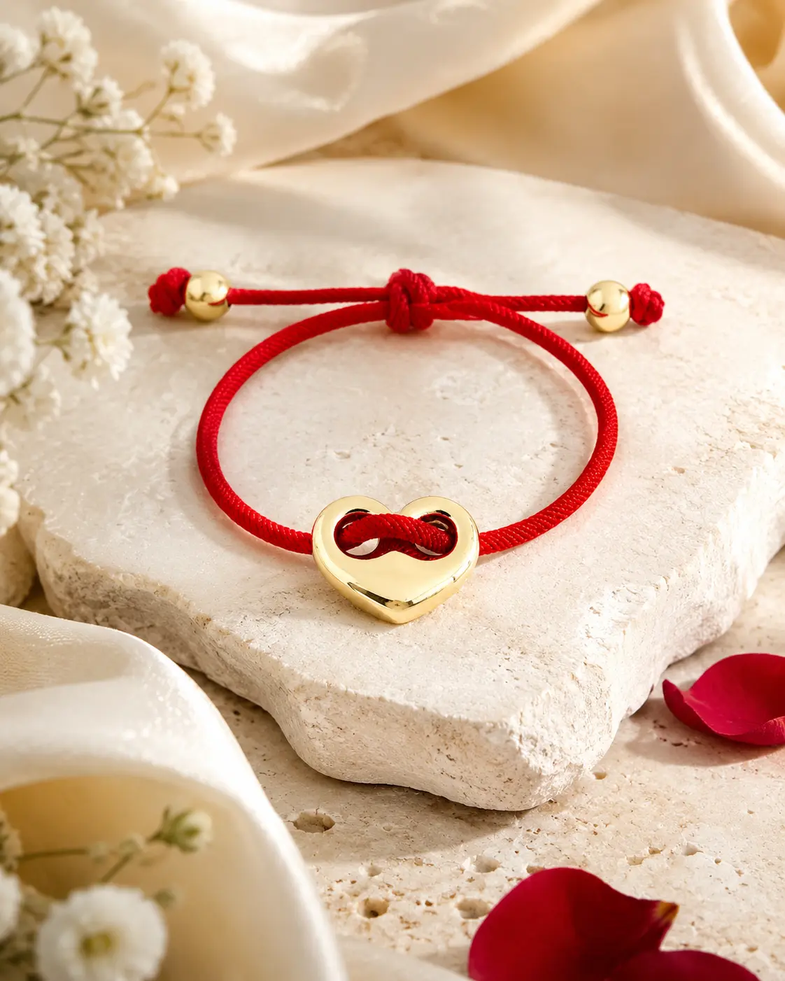 Red String Bracelet - Gold Heart Charm, Adjustable