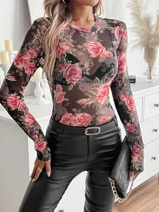 Rose Print Semi-Transparent Long Sleeve Top, Slim Fit Bell Sleeves, Elegant Feminine Office Commute Wear, Light Mature Style