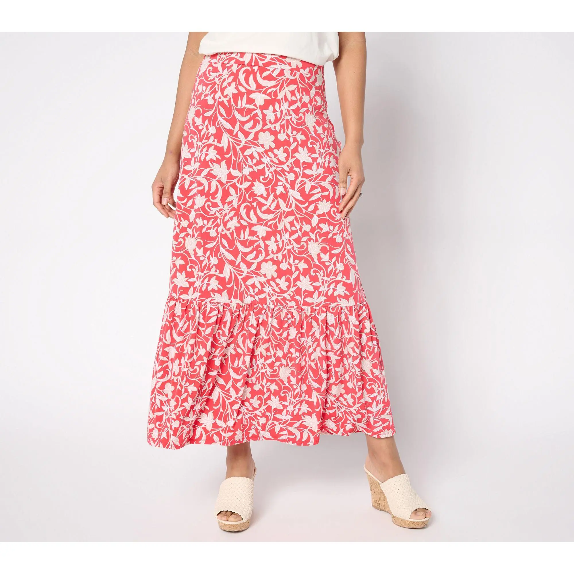 Susan Graver Regular Printed Liquid Knit Tiered Maxi Skirt