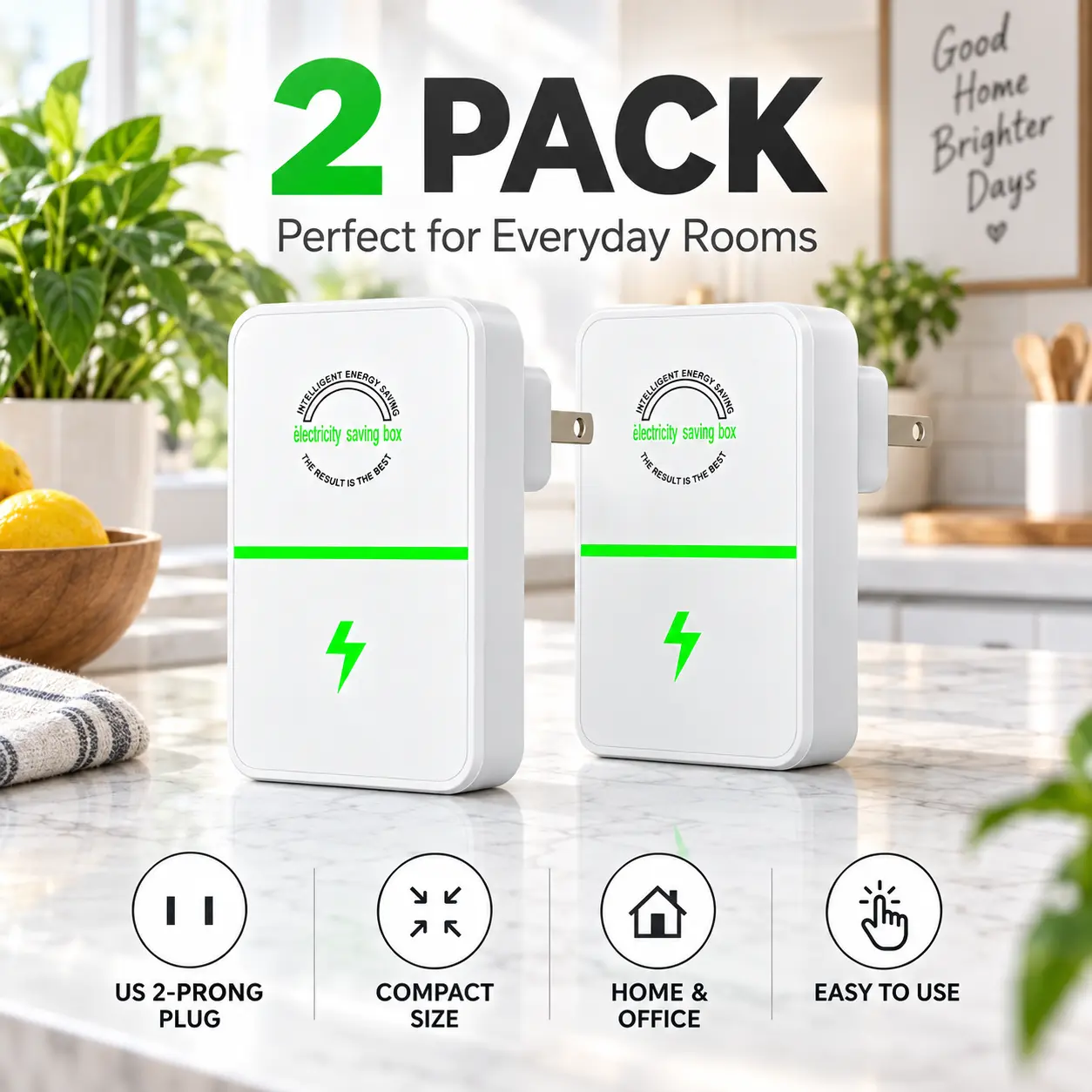 2 Pack Plug-In Energy Saver Box, US 2-Prong Compact Plug Device with LED Indicator for Home, Office, Bedroom & Apartment