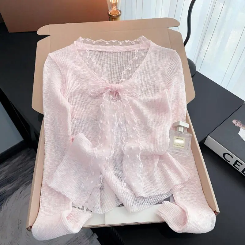 Women Sweet Elegant Lace Bow Knit Cardigan Summer Loose Spice Girl Lightweight Sunscreen Casual Y2k Fashion Knitwear New