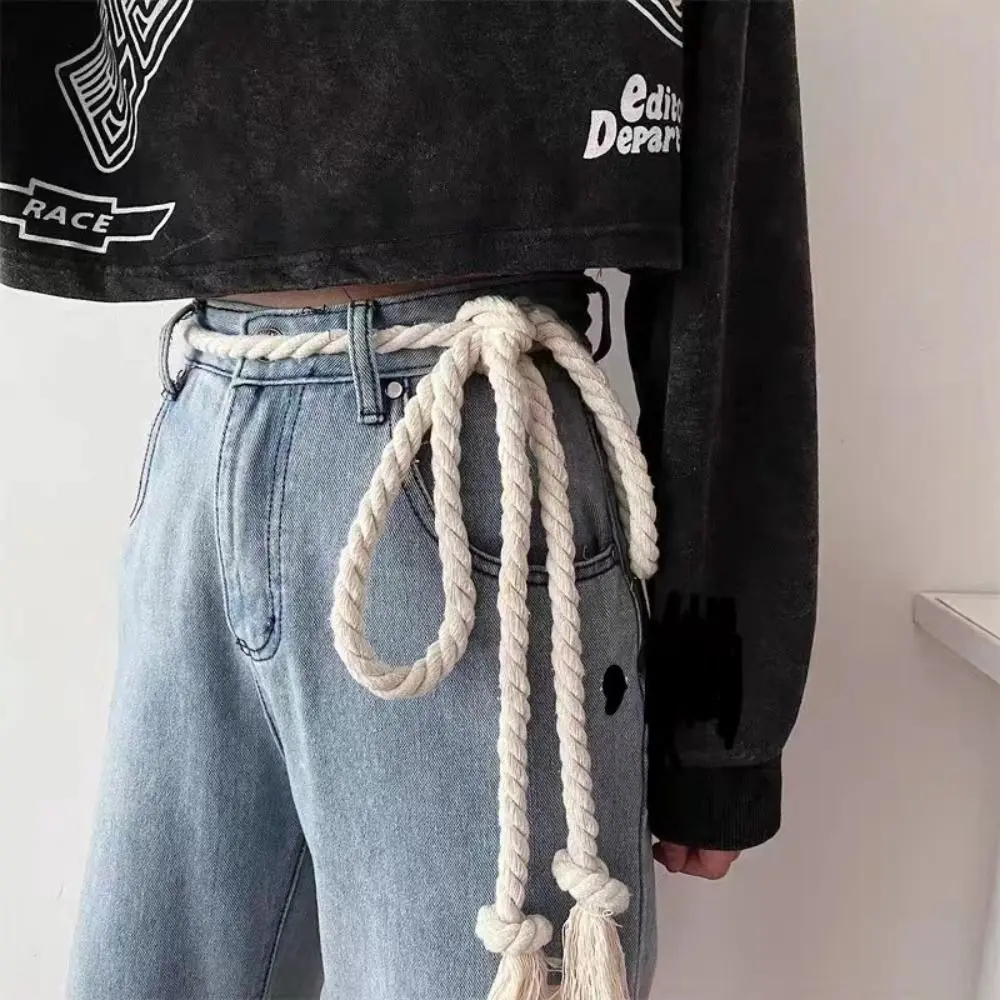Vintage Braided Rope Belt for Women & Men Y2K Style Thick White Rope with Black Plaid Pattern Versatile Jeans Accessory Hand Washable Perfect for Casual Outfits