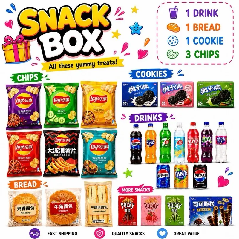 6 Full-Size Assorted Exotic Snack Box Gift Set - Sweet Asian Snacks, Chips, Ramen, Drinks with Unique Flavors - Affordable Multipack Treat Bundle