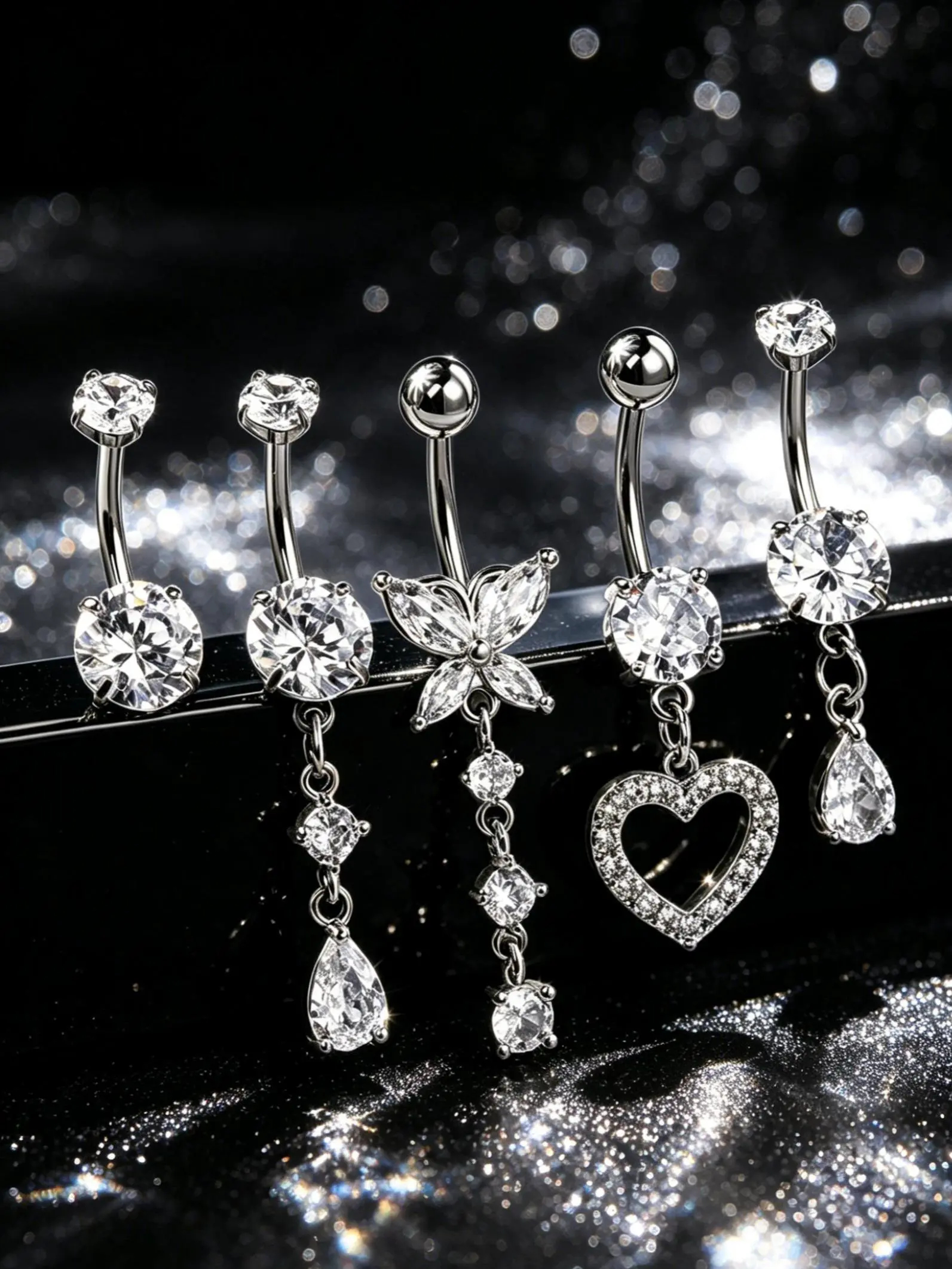 OUFER BODY JEWELRY Gold-Tone Belly Button Rings for Women, 5-Piece Crystal Flower & Heart Piercing Jewelry Set, 14G 10mm, Body Piercing Jewelry
