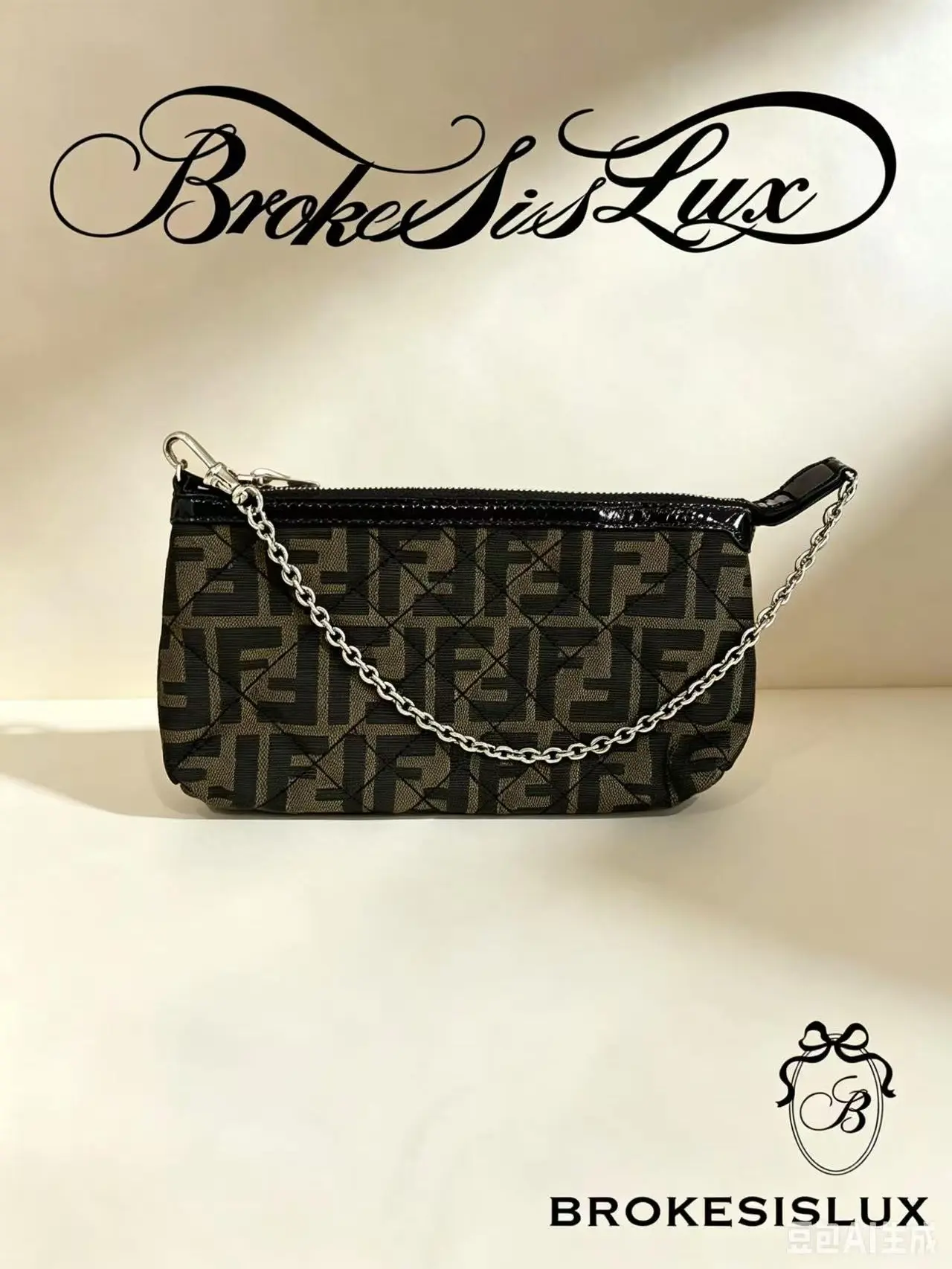 Pre-owned FENDI Vintage FF Zucca Quilted Mini Coin Pouch | Black Patent Trim, Silver Mini Chain Strap