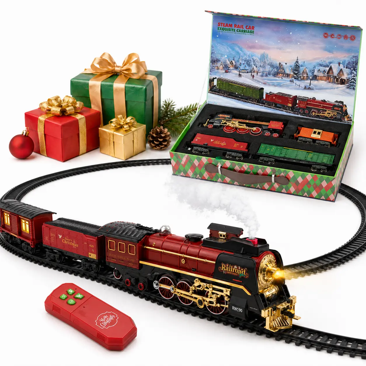 630B Christmas Train Set for Around Christmas Tree, Premium Gift Box Toy Train with Smoke Mist, Sound, Lights and Remote Control train  for  kids