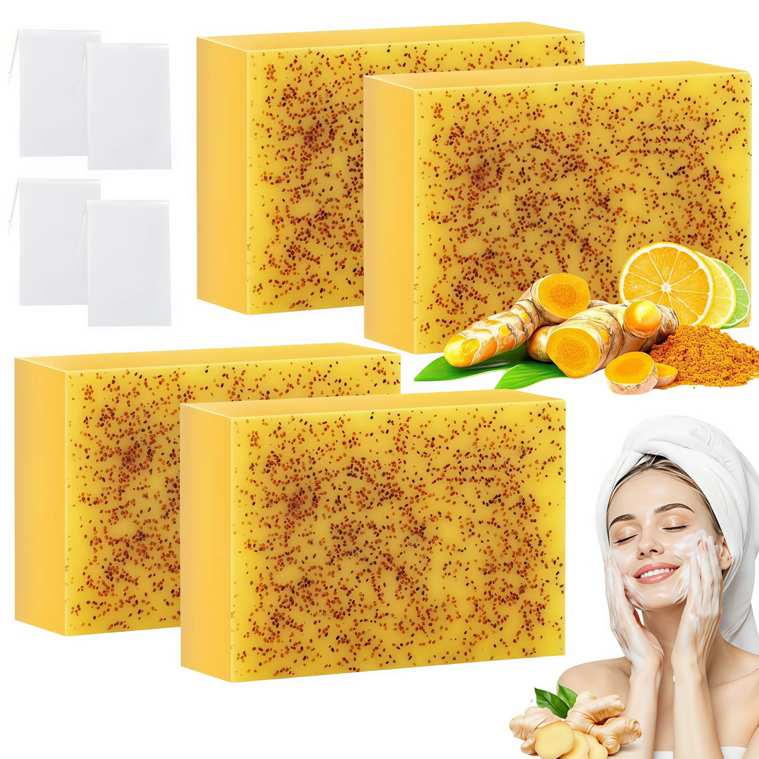 LMMAKE 4PCS Lemon Turmeric Kojic Acid Soaps - Dual Brightening, Exfoliating Natural Soaps for Face & Body Deep Cleansing, Ideal for Daily Shower & Travel, Suitable for Men & Women