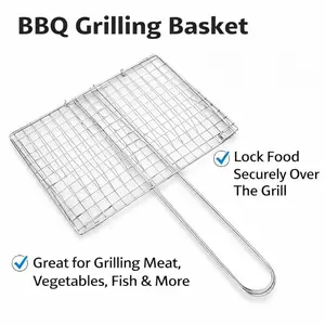 Stainless Steel Grill Basket for Vegetables & Fish, Heavy Duty BBQ Grilling Rack with Long Handle, Non-Stick Barbecue Grilling Basket for Outdoor Cooking, Camping, Backyard Grilling
