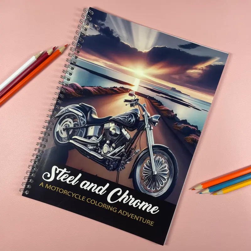 Steel and Chrome Motorcycle Painting Book - Enhance Your Motorcycle, Add Color to Related Landscape Scenes, Ideal for Enthusiasts, Adds Color