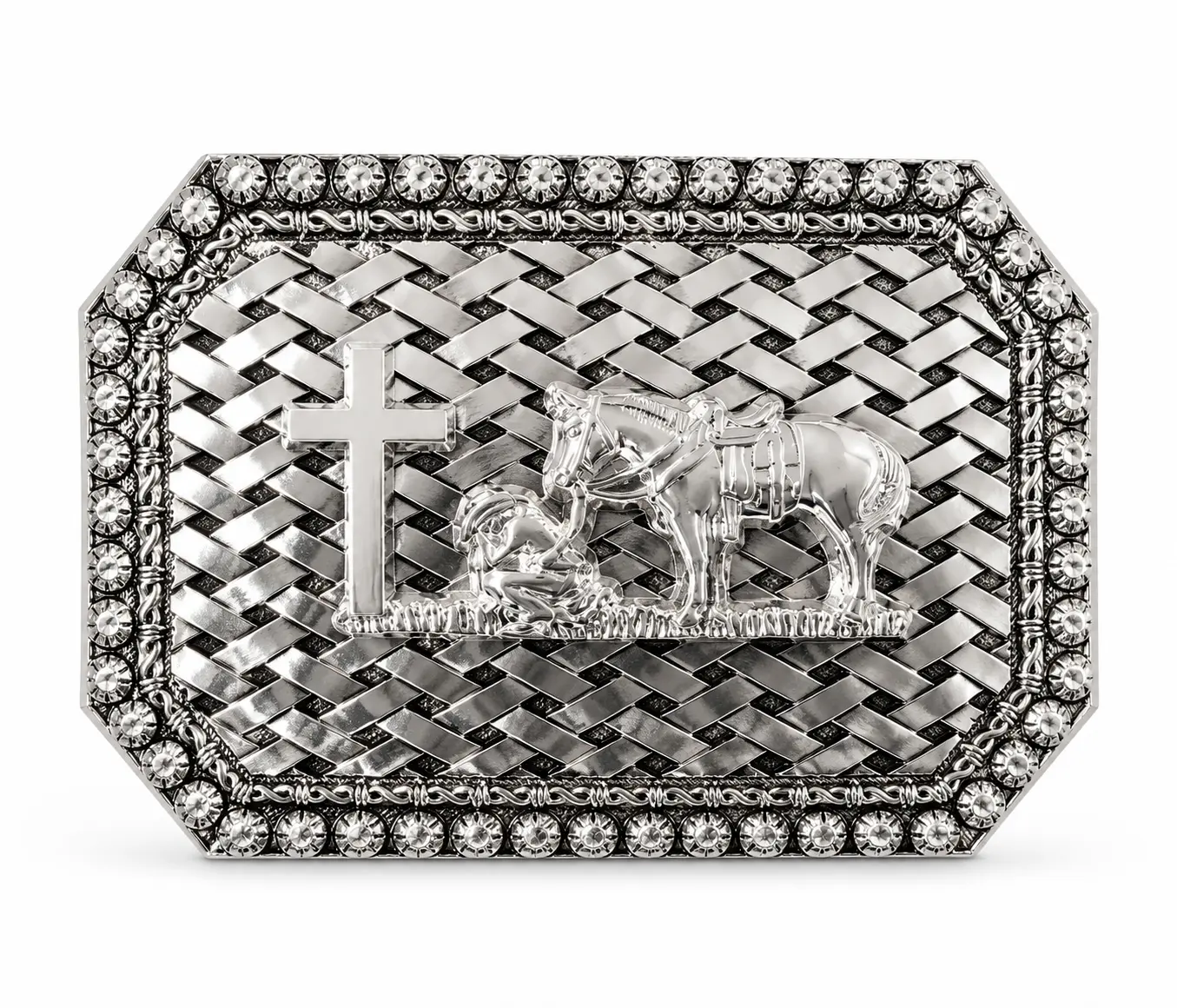 Cowboy Prayer Belt Buckle – Silver Western Belt Buckle with Cross, Kneeling Cowboy & Horse