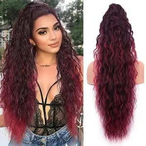 BEFUNNY Ponytail Extensions, Omber Burgundy Claw Long Wavy Pony Tail, 30 Inch Curly Clip In Hair Extensions, Natural Looking Fluffy Synthetic Hairpieces for Women Daily Use