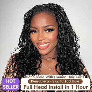 【ToyoTress Miracle Knots】 Boho Pre-Stretched Box Braids with Human Feathered Curls | 12-24" 8 Packs(12 Strands/P) Knotless Braids with Wave Human Curls Hair Extensions  hair glossy hair bundles
