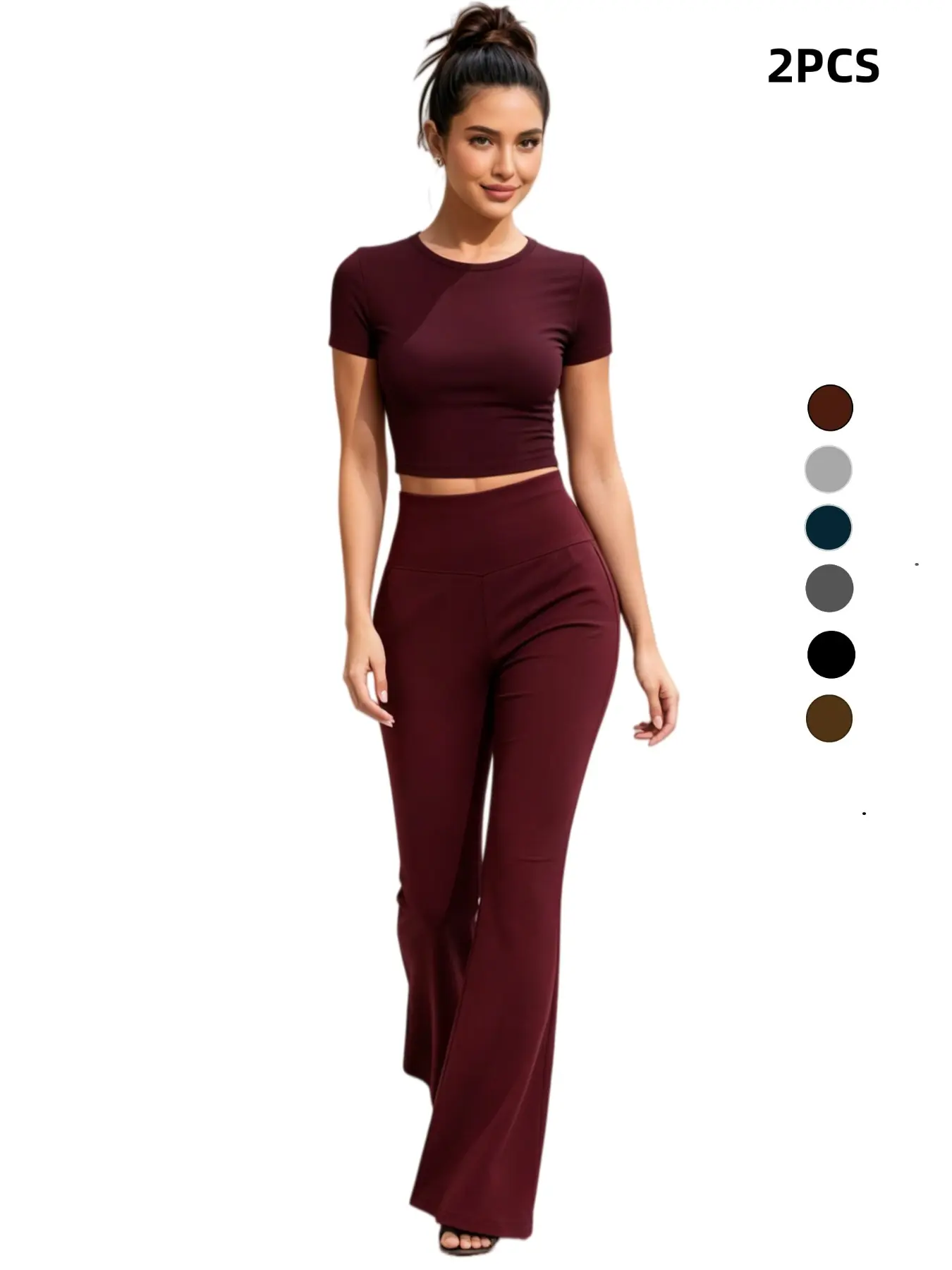 Women's Two-Piece Slim Fit High Waist Bell Bottom Pants Set, Casual Yoga, Short Sleeve Top & Flared Leggings
