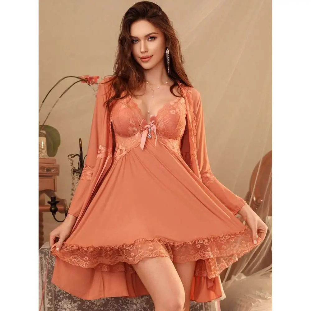 2pcs Women's Sleeveless Lace Patchwork Loose Elastic Translucent Nightgown With Padded Bra And Long Sleeve Belted Robe, Suitable For Casual And Homewear, Fall Winter Clothes Bride Fabric