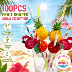 100PCS Flamingo & Fruit Paper Straws – Disposable Plastic-Free Drinking Straws, Tropical Hawaiian Summer Beach Pool Party Cocktail Decorations – Assorted Bright Colors