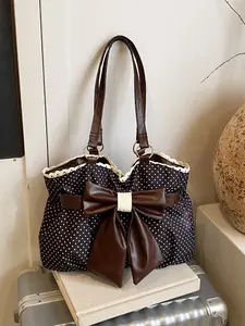 Trendy Fashion Large Capacity Polka Dot Bow Decor Bag, Handheld Shoulder Bag, Stylish Women's Accessory, fashionable patterned bag, Perfect for Daily Use, PU Leather Bag