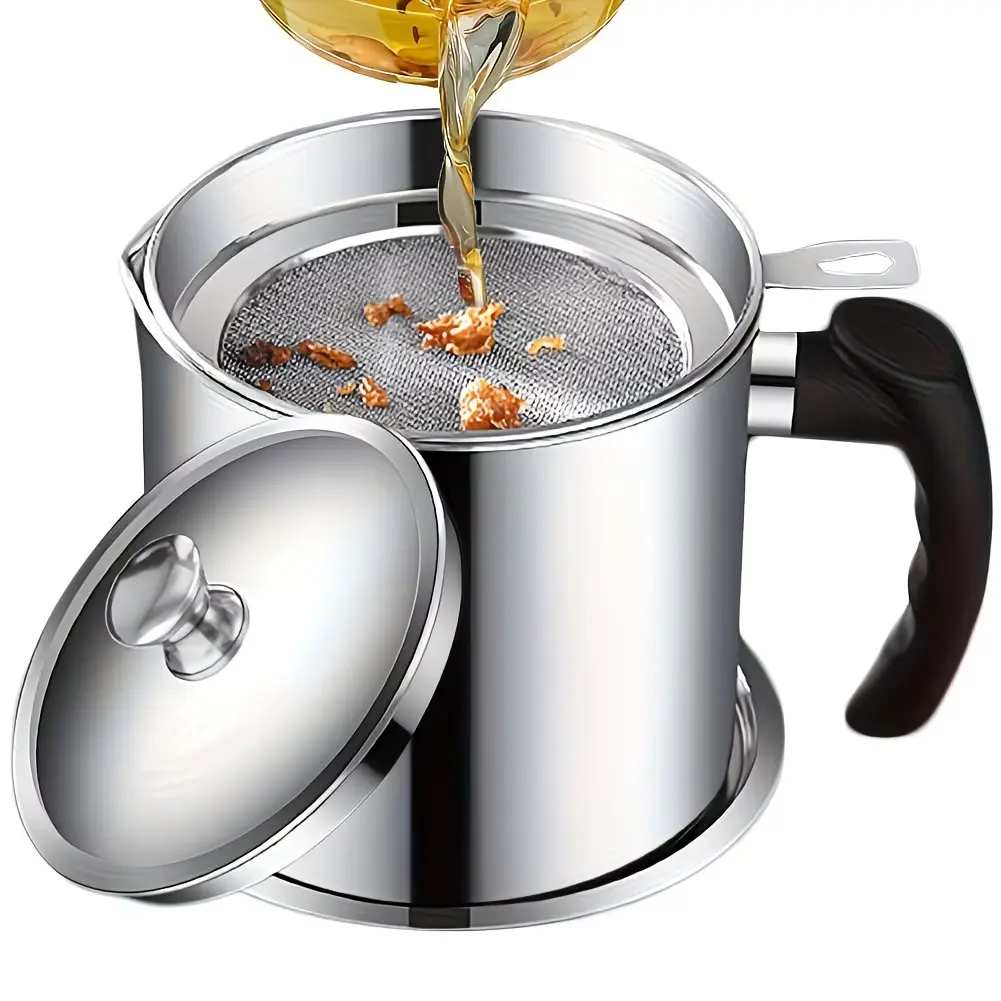 Stainless Steel Kitchen Grease Container with Filter - Easy-Pour Handle, Perfect for Storing Cooking Oil and Fats. Essential Kitchen Accessory Oil Canister