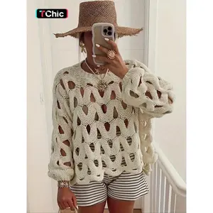 Women’s plain crochet hollow sweater, summer casual long-sleeved crewneck sweater, fashionable women’s knit sweater, suitable for everyday wear GARMENTARY