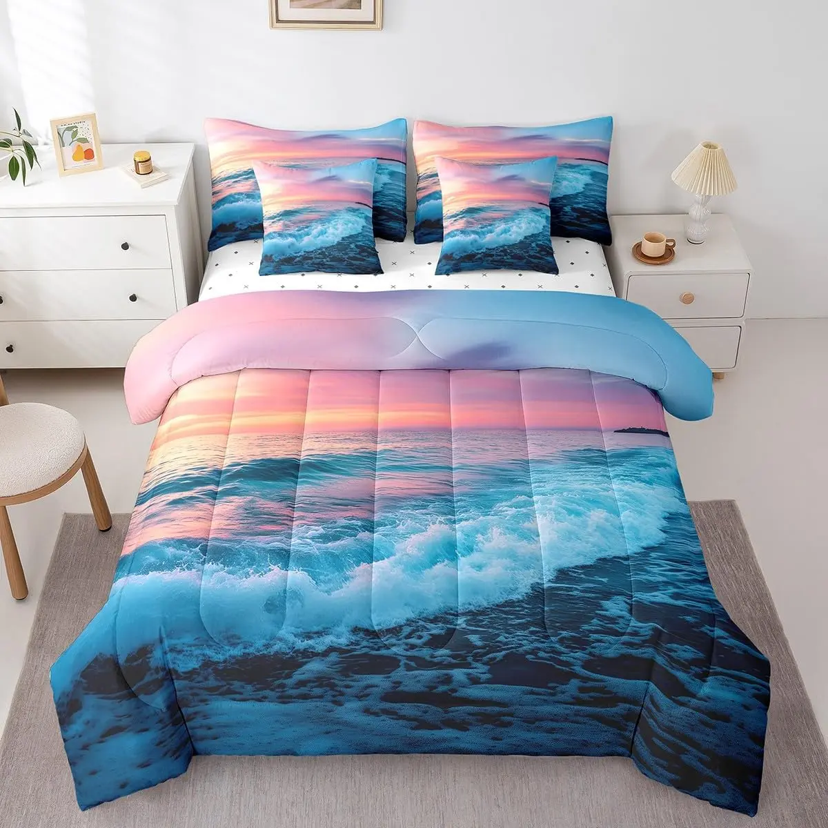 Beach Theme Comforter Set 7 Pcs Hawaiian Beach Ocean Sea Nature Pattern Printed Bedding Set Summer Holiday Vacation Bed in a Bag with Comforter,Sheets,Pillowcases & Cushion Cover