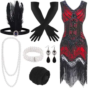 1920s V Neck Sequin Beaded Fringed Dress with 20s Accessories Set Party Costume Scene Accessories Womenswear Clothes Pearl Necklace Black Feather Headpiece Headband Great Gatsby Prom, Valentine's Day gift